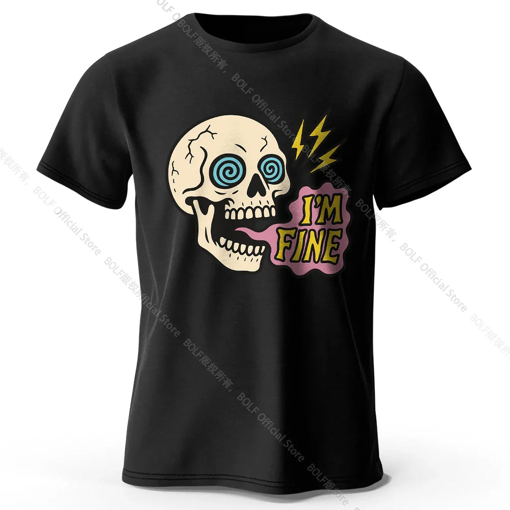 Men's I Am Fine Printed T-Shirt 100% Cotton Oversized Sarcastic Graphic Tees for Women Summer Tops Mood Streetwear