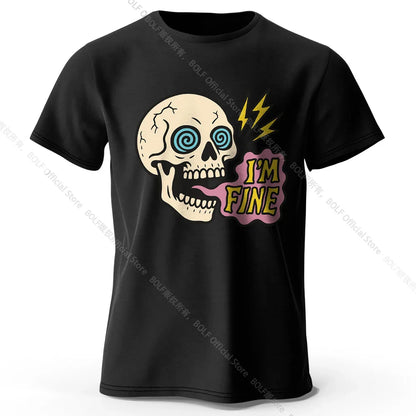 Men's I Am Fine Printed T-Shirt 100% Cotton Oversized Sarcastic Graphic Tees for Women Summer Tops Mood Streetwear