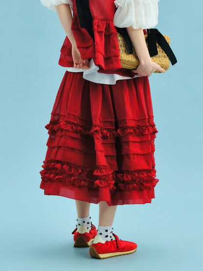 Half length skirt 2025 imakokoni Xia Sen style artistic bright yarn light and thin lace layered A-line skirt 255049