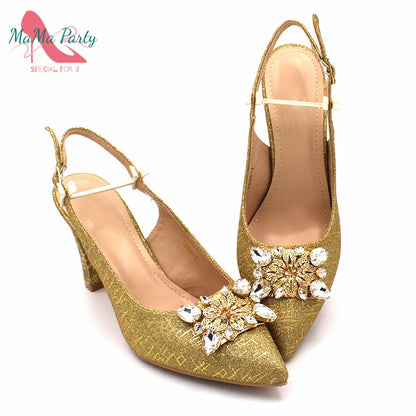 Classics Italian Design Shoes and Bag Set in Orange Color Comfortable Heels Pointed Toe Pumps for Wedding Party