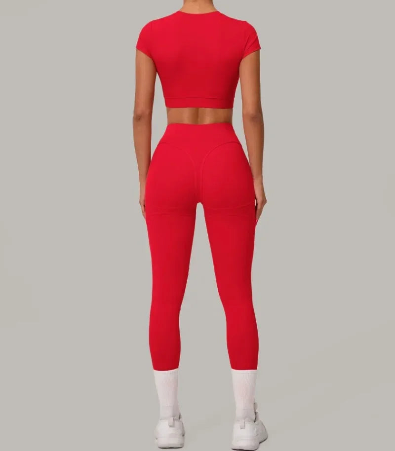Gym Workout Yoga Fitness Sports Suit Short-sleeved Top Padded-free High-waisted Hip-lifting Trousers Outdoors Leisure Sportswear