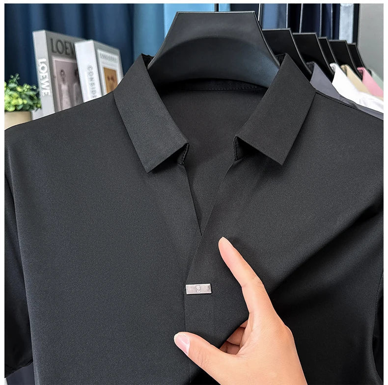 High quality ice silk short sleeve T-shirt men's lapel top trendy brand design cool silky breathable summer casual polo shirt