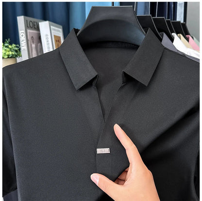High quality ice silk short sleeve T-shirt men's lapel top trendy brand design cool silky breathable summer casual polo shirt