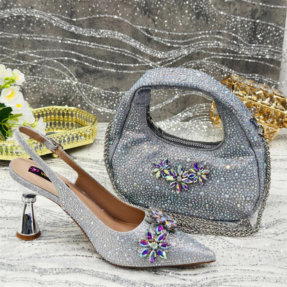 Pointed Toe High Heels Shoes and Bags Set With Rhinestone for Women Wedding Party Elegant Luxury Fashion in Sky Blue