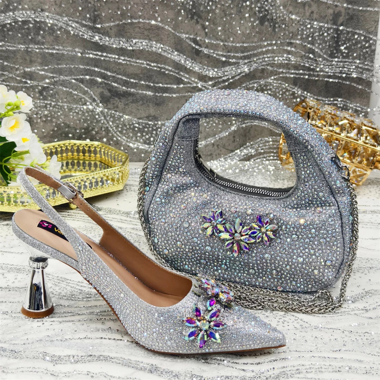 Sapato Scarpin Feminino Salto Alto Bico Fino Verde Oliva e Bolsa para Festa Strass Noite Elegante Luxo