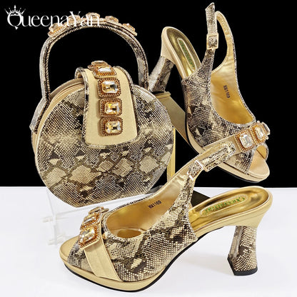 Luxurious Italian Women's Party Shoes&Bag Set Elegant Golden Rhinestone  Sandals with Peep Toe High Heels Wedding