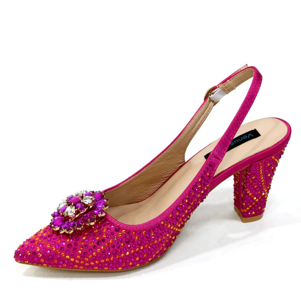 INS Style Green Party Shoe and Bag Set in Women Pointed-Toe Rhinestone High Heels Elegant African Ladies Shoes