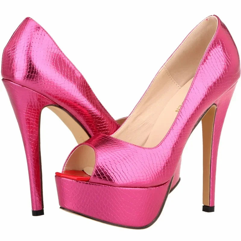 Women Sandals Sexy Pumps Patent Leather Platform Crocodile Pattern 14cm High Heels Peep Toe Stilettos Party Dress Wedding Shoes