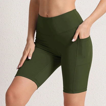Women Yoga Shorts with 3 Pockets Seamless Gym Fitness Tights Elastic Cycling Shorts Female Solid Color Leggings