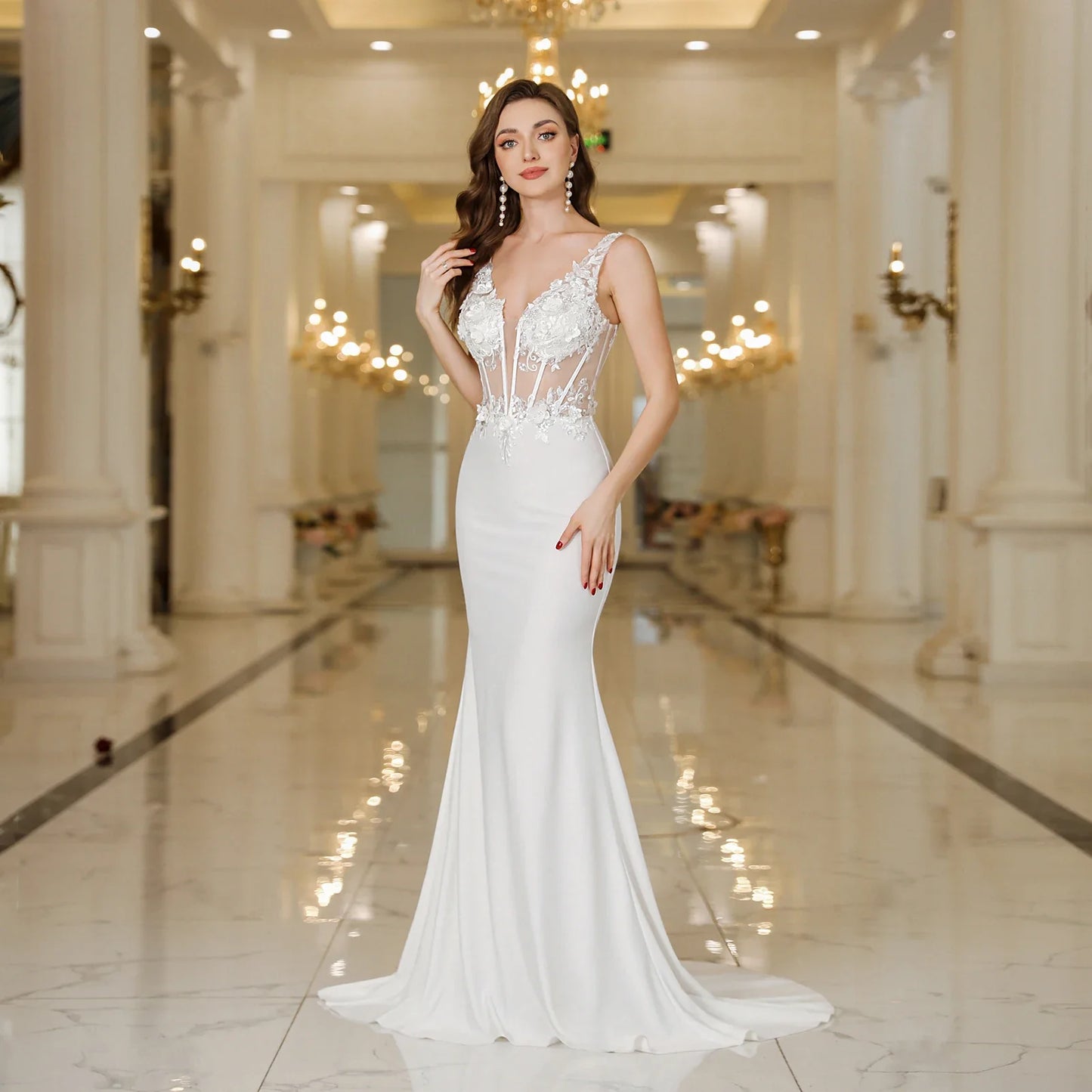 New Spaghetti Straps Evening Dress Mermaid Dress Beaded Appliques Wedding Dress Illusion Prom Gowns Formal Party Vestido De Gala