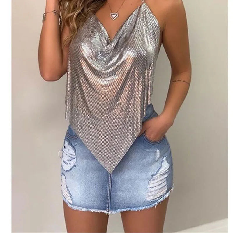 New Sexy Backless Metal Sequined Solid Camis Sleeveless Halter Hollow Out V Neck Adjustable Chain Women Nightclub Crop Tops