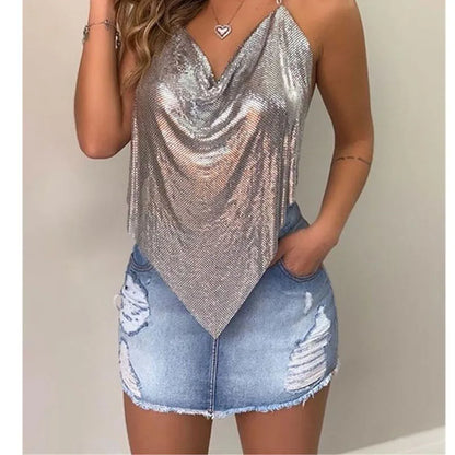 New Sexy Backless Metal Sequined Solid Camis Sleeveless Halter Hollow Out V Neck Adjustable Chain Women Nightclub Crop Tops