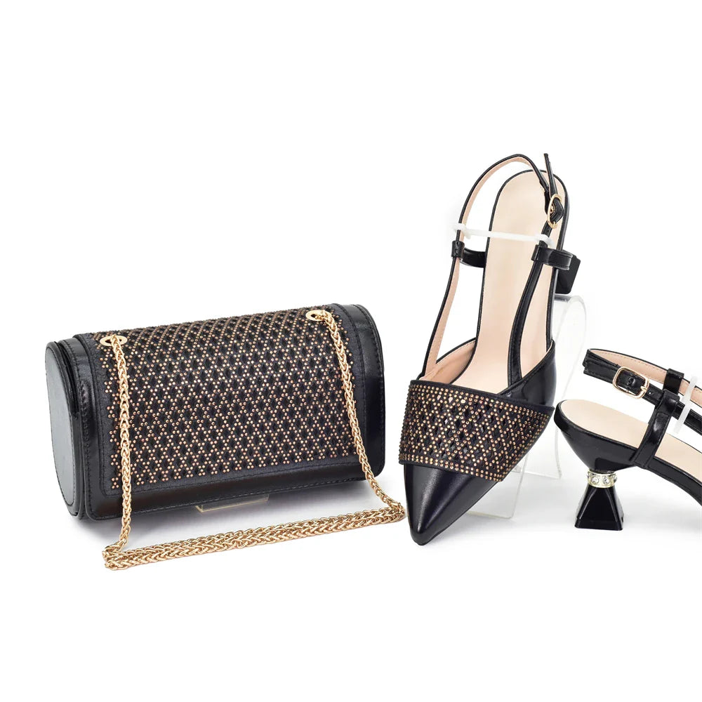 Fashion Women Italian Shoes and Matching Bags Sets Decorated with Rhinestone Fashion Party Shoes and Bag Match for Women