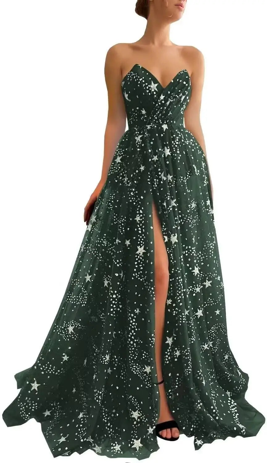 V Neck Luxury Women's Sparkle Starry Tulle Prom Dresses Strapless Slit Formal Evening Party Gowns Formal Dress Women Elegant
