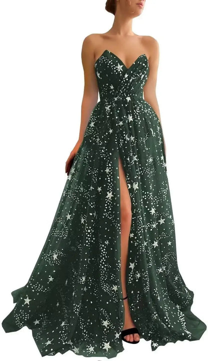 V Neck Luxury Women's Sparkle Starry Tulle Prom Dresses Strapless Slit Formal Evening Party Gowns Formal Dress Women Elegant