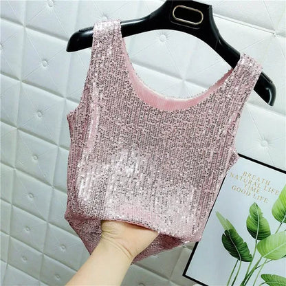 Sparkling Sequins Round Neck Vest Women's Outer Wear 2022 Summer New Bright Silk Fashion Glitter Bottoming Shirt Suspender Top