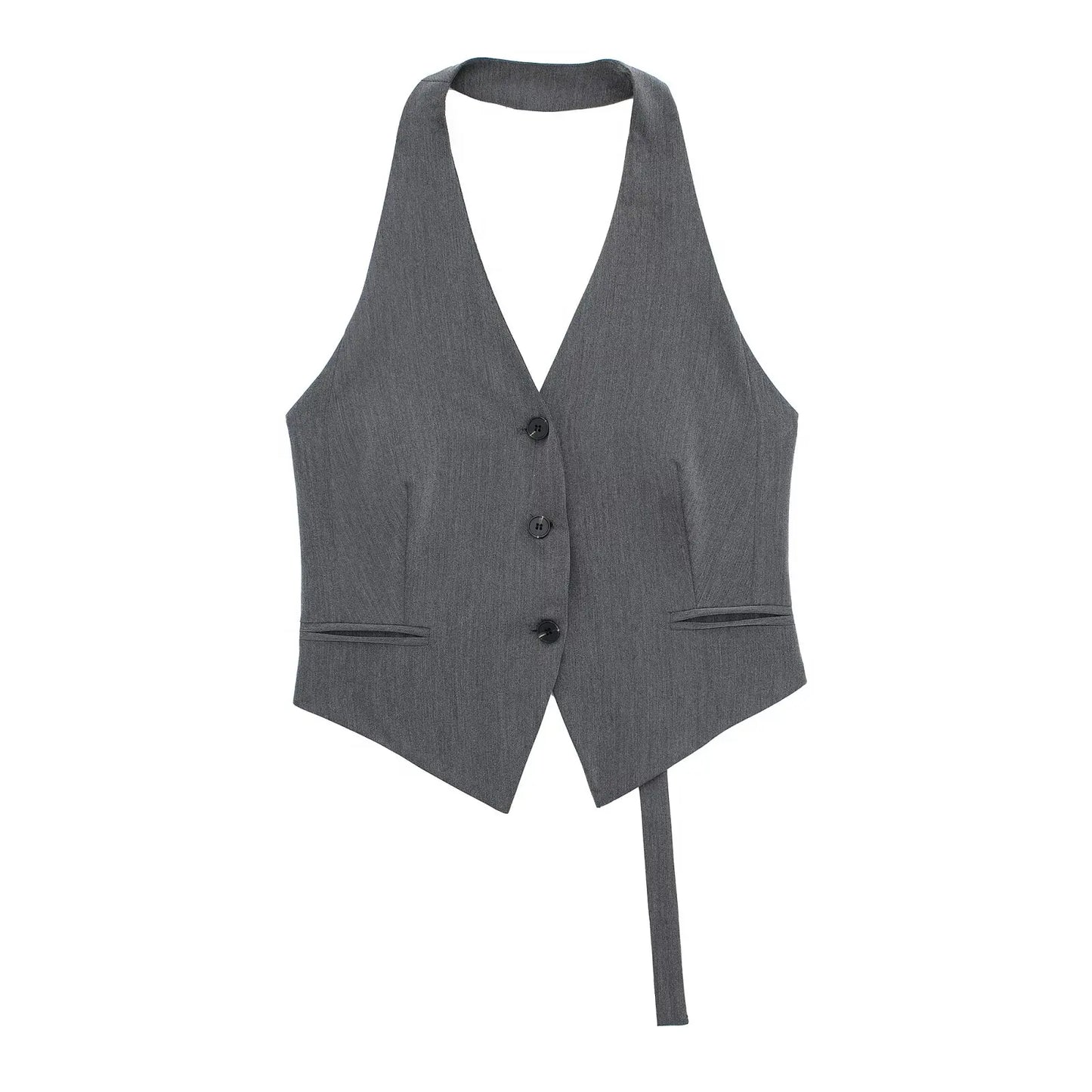 Women Fashion Black Backless Lace Up Waistcoats Vintage Halter Neck Sleeveless Jackets Female Chic Lady Tank Tops