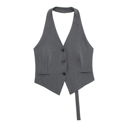 Women Fashion Black Backless Lace Up Waistcoats Vintage Halter Neck Sleeveless Jackets Female Chic Lady Tank Tops