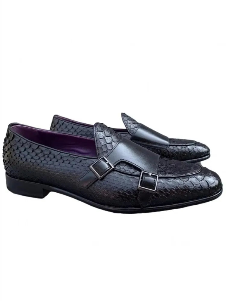 Gentleman Snake Skin Genuine Leather Monk Shoes Wedding Dress Shoes Buckle Slip On Loafers SpringBusiness Man Work Formal Shoes
