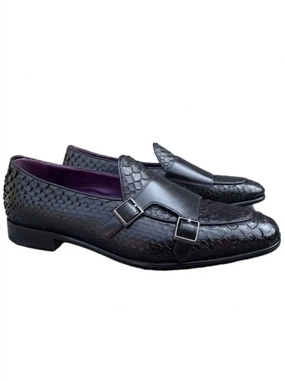Gentleman Snake Skin Genuine Leather Monk Shoes Wedding Dress Shoes Buckle Slip On Loafers SpringBusiness Man Work Formal Shoes