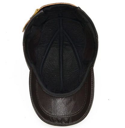 Casual Real Leather Earflap Cap Men's Real Cowhide Leather Caps Male Fall Winter Genuine Real Cow Leather Baseball Hats