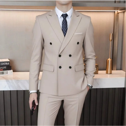 Double Breasted Mens Suit Four Seasons Wedding Business Formal Slim Fit Tuxedo Jacket Trouser Set