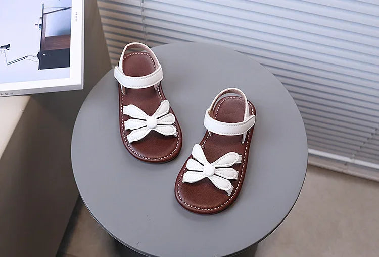 Girls Sandals Hook&loop Kids Beach Shoes Soild Color Versatile 2025 Summer Girls Princess Shoes Retro Sweet Flowers Korean Style