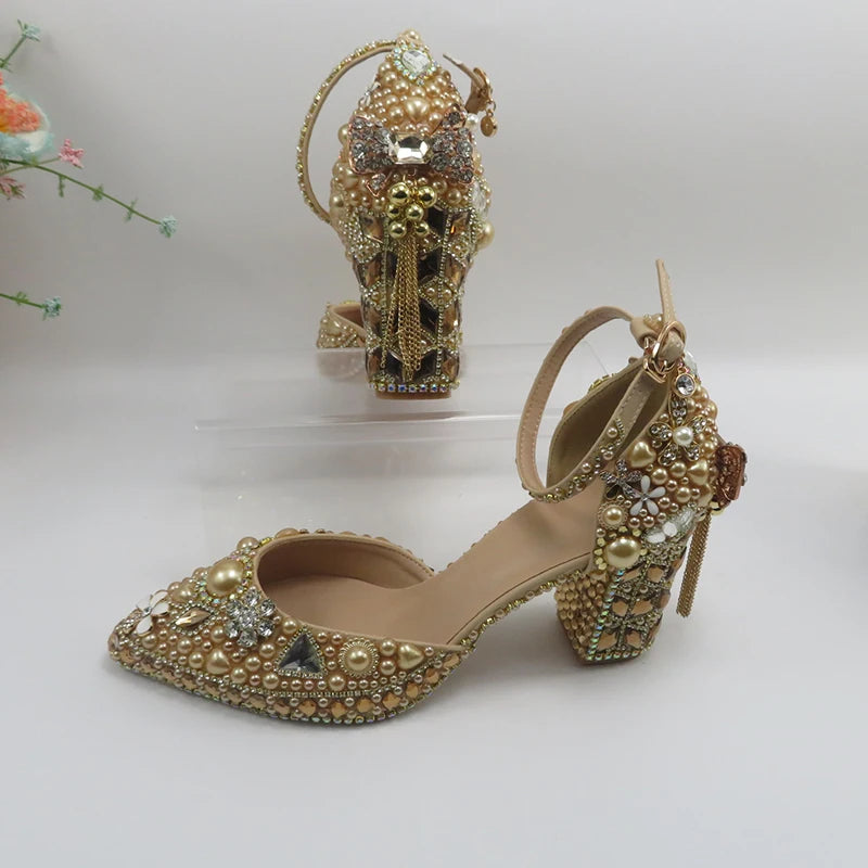 Luxury Champagne Golden Crystal wedding shoes matching bags woman fashion Thick heel Women party dress shoes Pointed Toe shoes