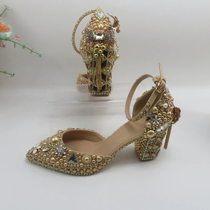 Luxury Champagne Golden Crystal wedding shoes matching bags woman fashion Thick heel Women party dress shoes Pointed Toe shoes
