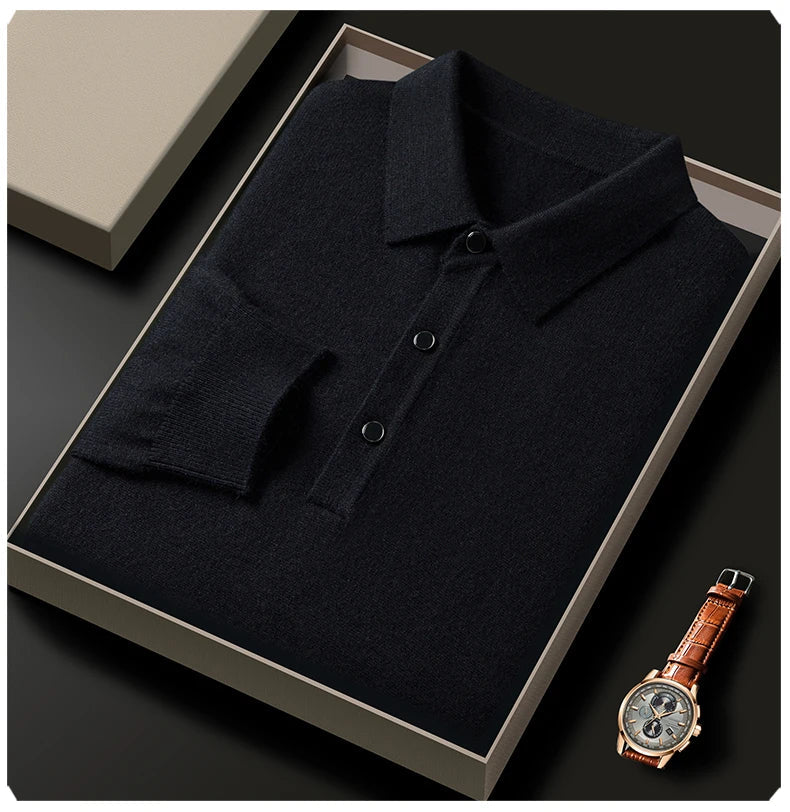 Fashion luxury knitted long sleeve polo shirt men's autumn new trend simple solid color soft skin friendly comfort lapel sweater
