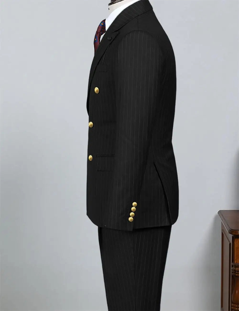2 Piece Black Striped Men's Suit Set Golden double breasted Lapel Jacket Elastic Pants Wedding Part Prom Dinner Wrok Travel