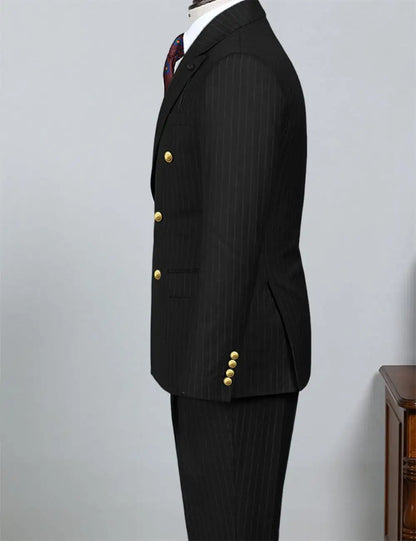 2 Piece Black Striped Men's Suit Set Golden double breasted Lapel Jacket Elastic Pants Wedding Part Prom Dinner Wrok Travel