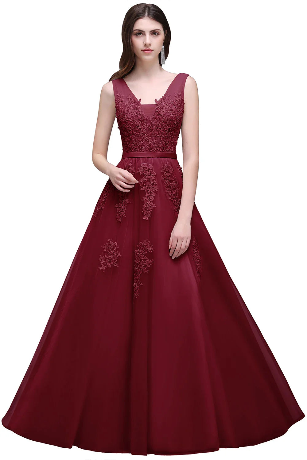 Exquisite Lace Tulle Evening Dress Illusion Soft Net Collar Sleeveless V-Backless Gowns Slim A-line Floor-length Prom Dresses