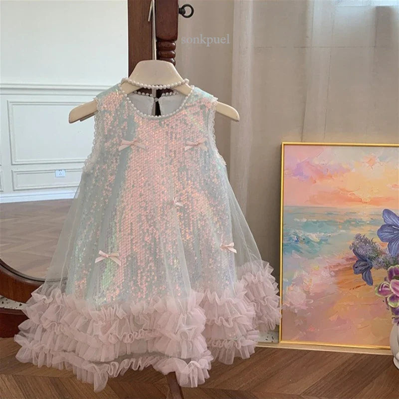 2-7 Years Girls Tulle Fairy Princess Dress Summer Sleeveless Butterfly Star Sequined Children Puffy Skirt Birthday Party Gift