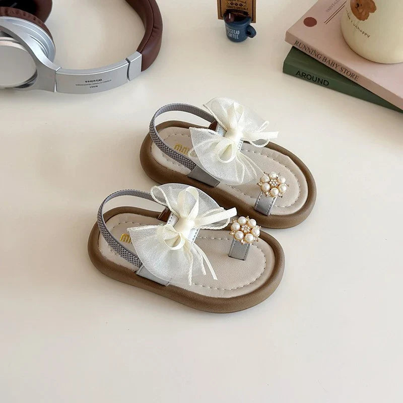 Brand Designer Ribbons Sandals for Girls Beaded Flip Flop Evening Party Dress Shoes Tulle Bow-tie Child Shoes Girl Sandal I06034