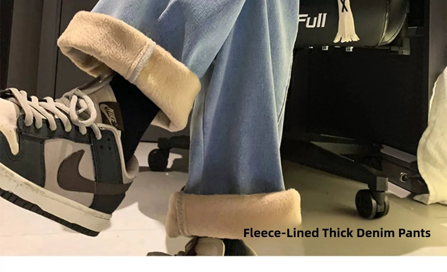 Thiened Fce Dstring Jeans Women's Winter New Sle Warm Straight Leg Loose Wide Leg High Waist Jeans Cotton Stretch D...