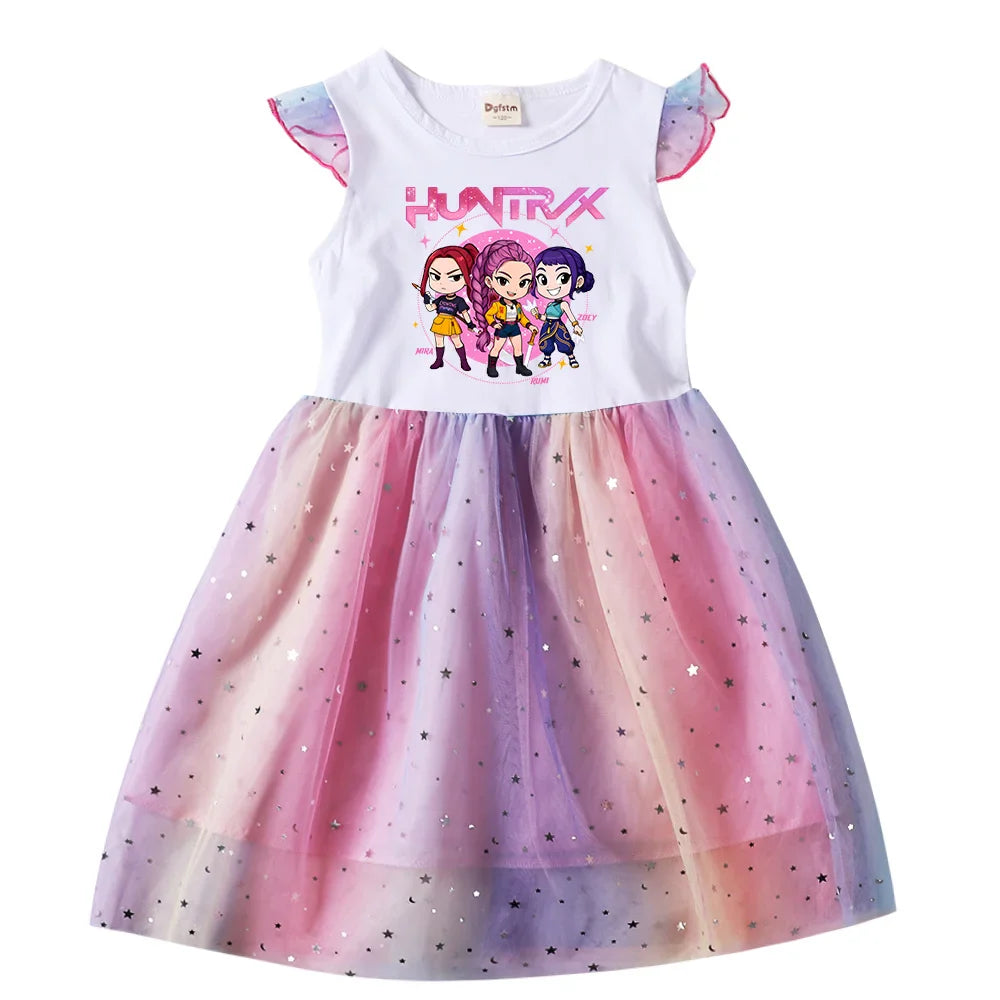 Baby Girls Dress Children Cartoon Mesh Star Sequins Princess Dress Kids Flying Sleeve Skirt For Birthday Gift