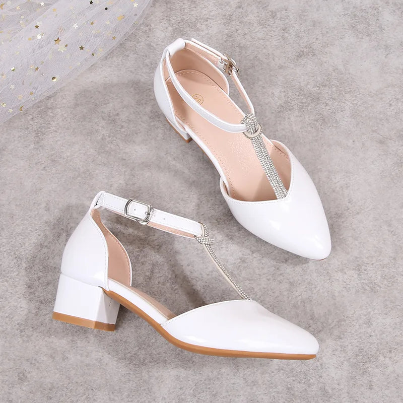 Children's Thick Heel Sandals Summer New Pointed-toe Girls' Crystal Princess Shoes Fashion Children's High-heeled Leather Shoes