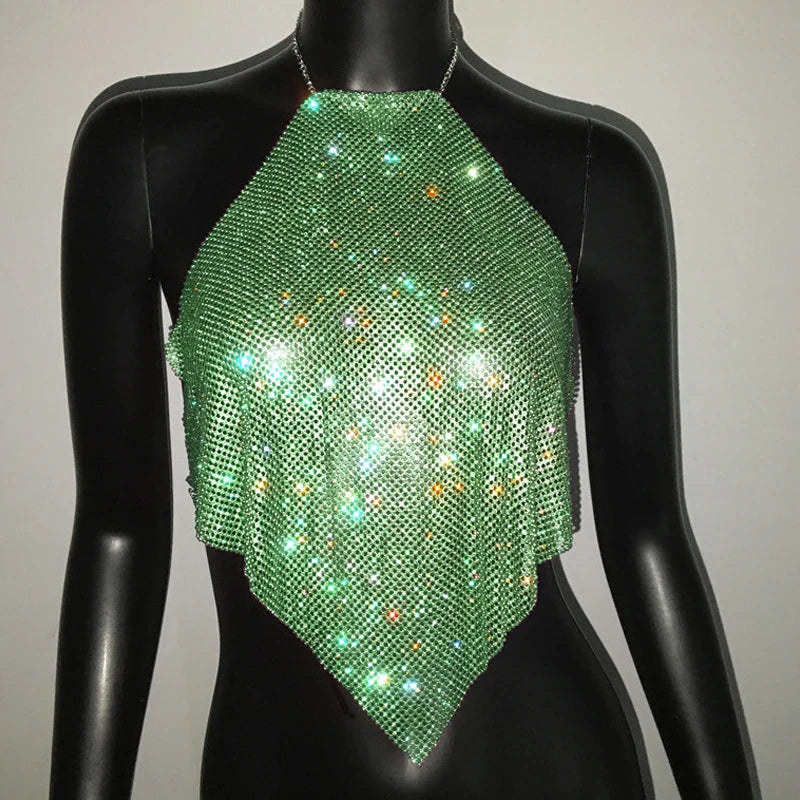 Fashion Summer Backless Tank Top Women Shiny Rhinestone Metal Sequins Halter Neck Camisole Rave Festival Party Crop Tops