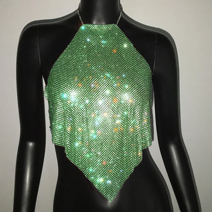 Fashion Summer Backless Tank Top Women Shiny Rhinestone Metal Sequins Halter Neck Camisole Rave Festival Party Crop Tops
