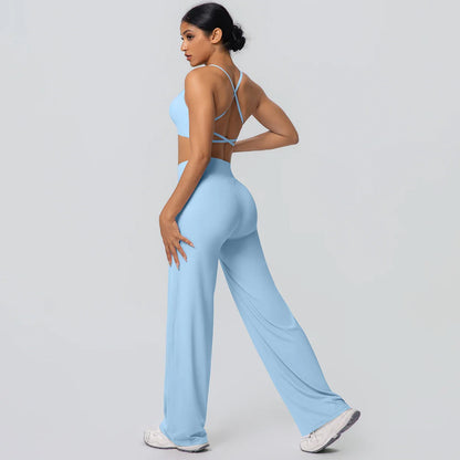 Women Gym Sports Yoga Suit Sexy Beautiful Back Yoga Underwear With Chest Pad Solid Color High Waisted Wide Leg Pants Yoga Set