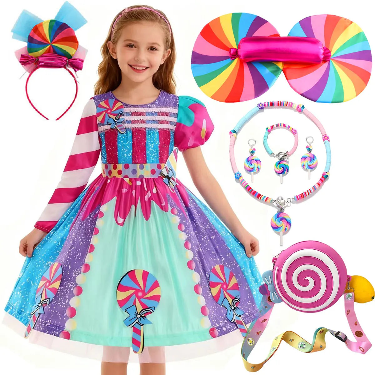 Presente Clássico para Festa de Carnaval de Purim para Meninas Vestido Arco-Íris Assimétrico Longo e Curto com Manga Doce Conjunto de Vestidos Fofos para Férias de Natal