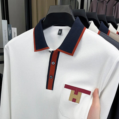 Light Luxury Fashion 100% Pure Cotton Polo Shirt Men's Long Sleeved Autumn New Item Middle-aged Dad Collar Base T-shirt