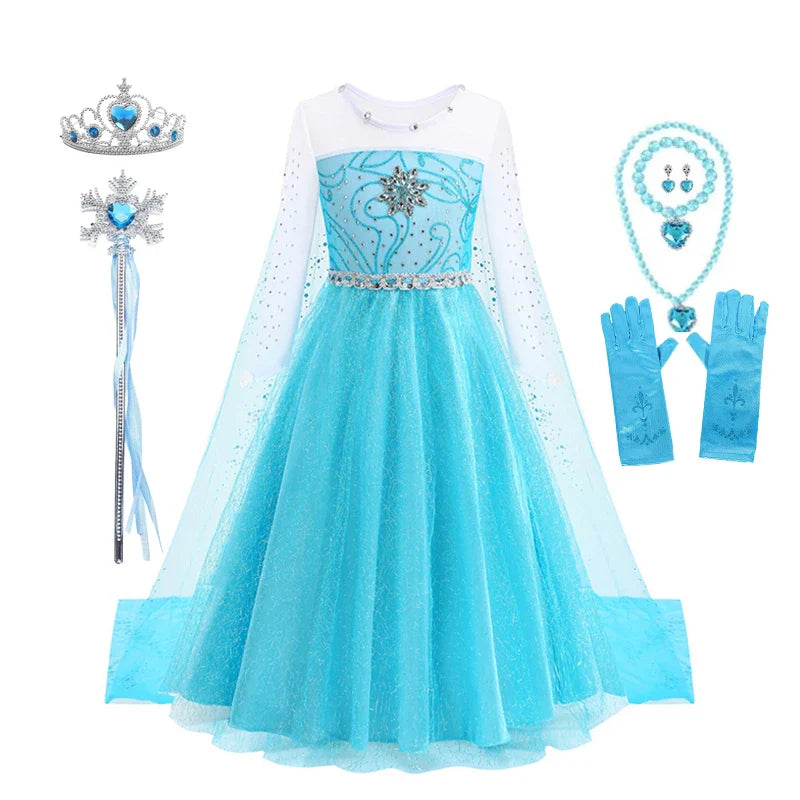 Frozen Elsa Princess For Girls Cosplay Costume Kids Mesh Snow Queen Carnival Birthday Party Dress Up Clothes 2-10Yrs Gown