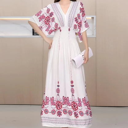 Flower V-neck Elastic Youthful Bohemian Sweet Midi Dress Woman Clothes Chic Fashion Summer Dresses 2025 Large Swing Ski