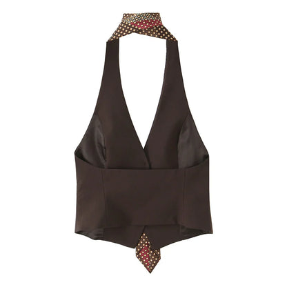 Women's Top 2026 Spring New Style Dark Brown Sleeveless Halter Neck with Tie Decoration Vest Sexy Fashion Unique and Versatile
