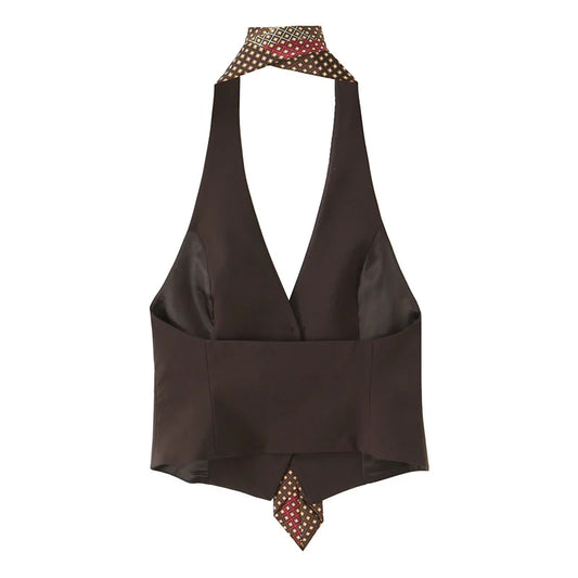 Women's Top 2026 Spring New Style Dark Brown Sleeveless Halter Neck with Tie Decoration Vest Sexy Fashion Unique and Versatile