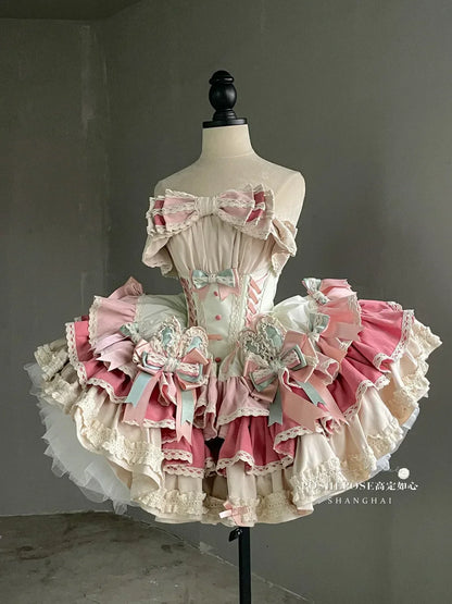 Girls Birthday Lolita Dress 2024 Spring and Summer Women's Tube Top Satin Bowknot Slim Pettiskirt Short Mini Party Dress