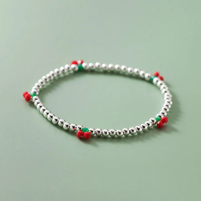 Real 925 Sterling Silver Basic Cherry Round Beads Adjustable Bracelet for Women Charm Bracelet Fine Jewelry Birthday Gift