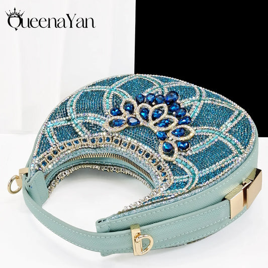 Queena Yan Sky Blue Elegant Nigerian Rhinestone Wedding Shoe and Bag Set Italian Inspired High Heels and Matching Handbag